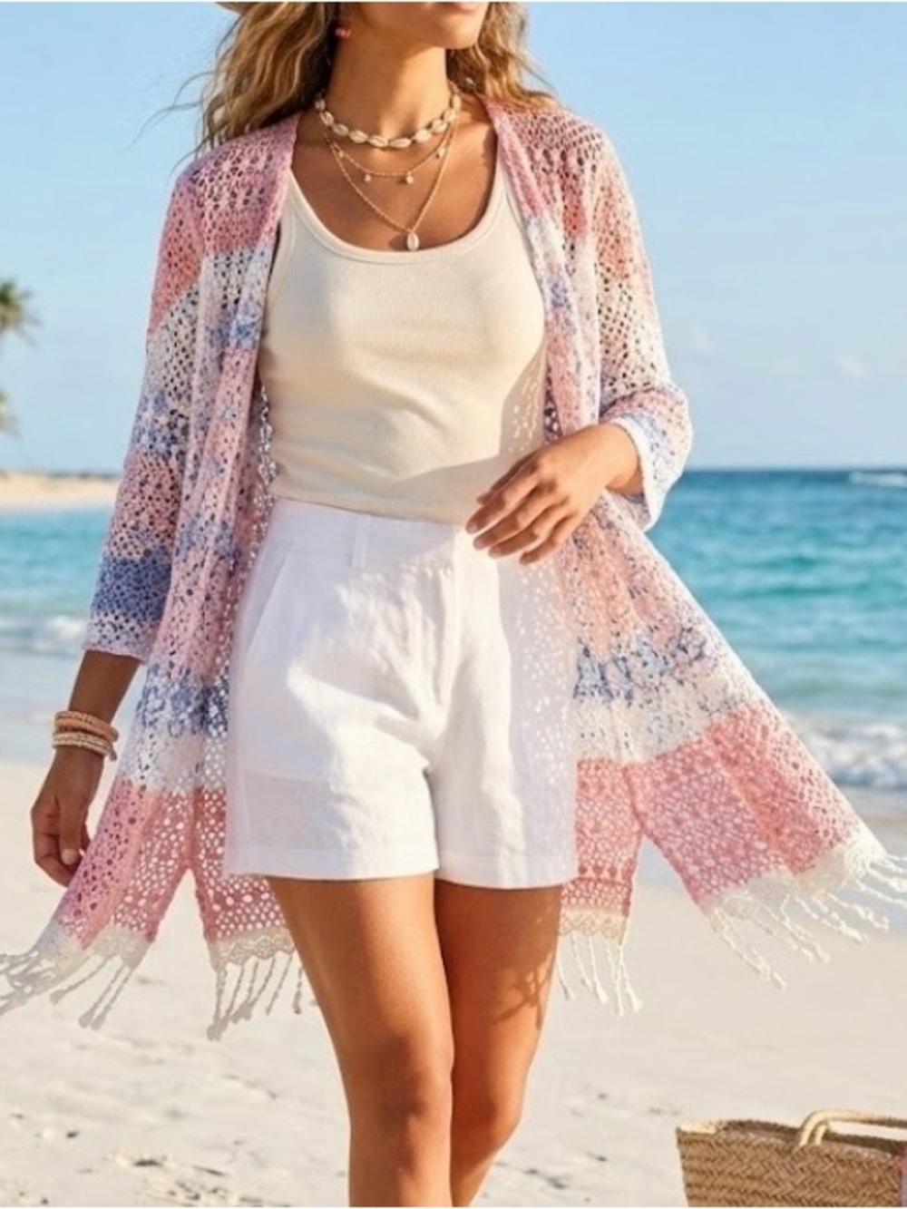 Beach Cardigan boho crochet lightweight loose knit with fringe open front medium